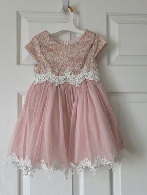 Girls' Pink Lace & Tulle Party Dress with White Embroidered Trim